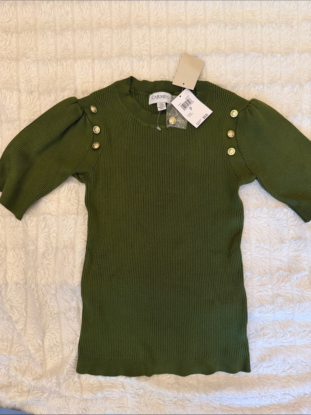 Carmen Marc Valvo Olive Green Ribbed Crewneck Sweater Top